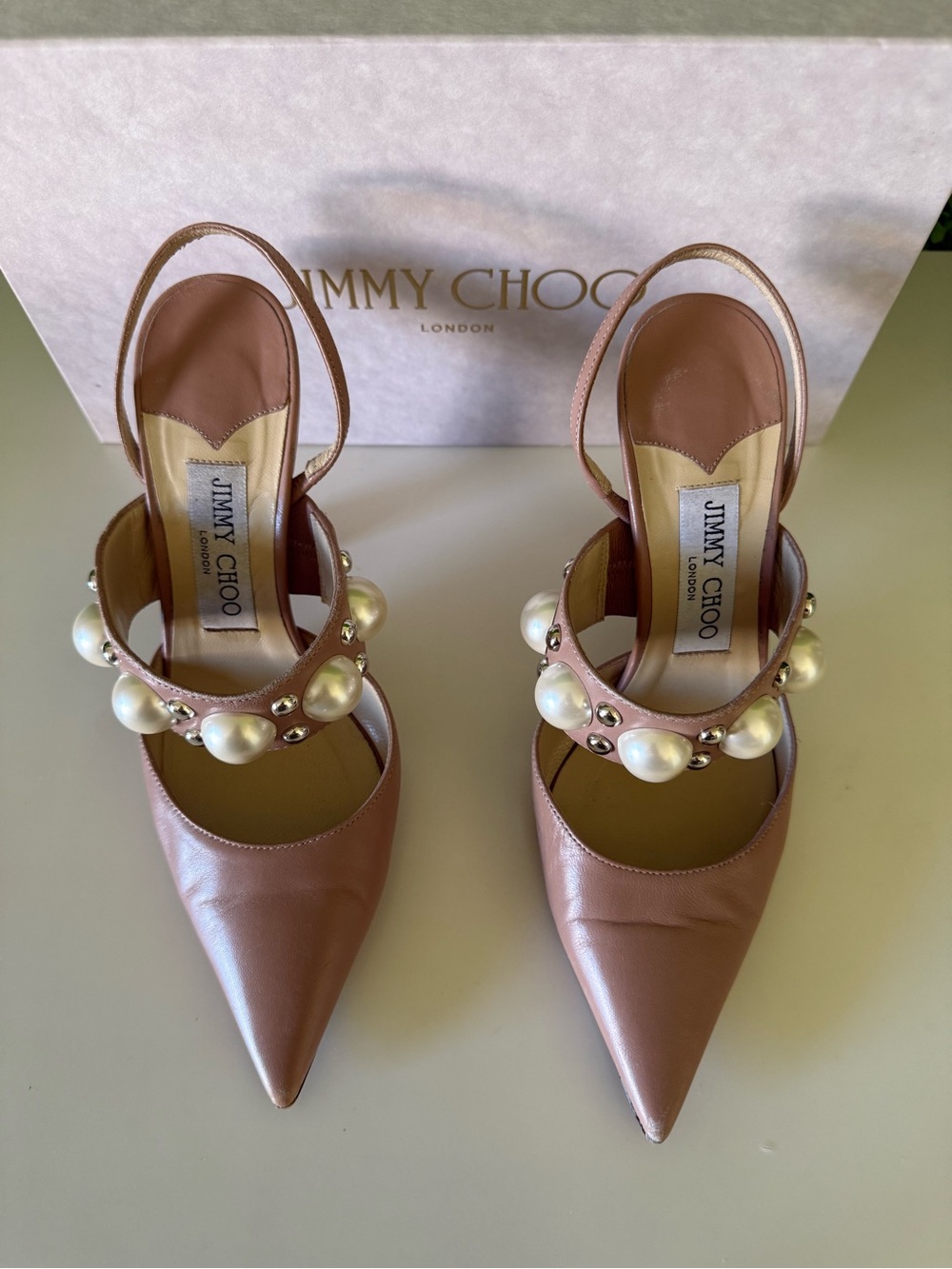 Jimmy Choo Blush Pink Pearl-Embellished Slingback Pumps - Picture 7 of 8